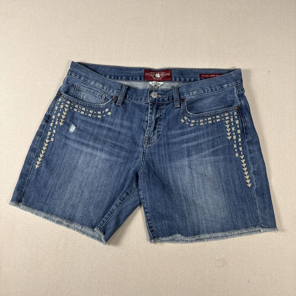 Lucky Brand Womens 12 Beachcomber Denim Shorts Embroidered Raw Hem Boho Western
